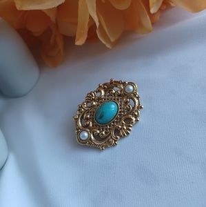 Golden Turquoise Brooch with Pearls